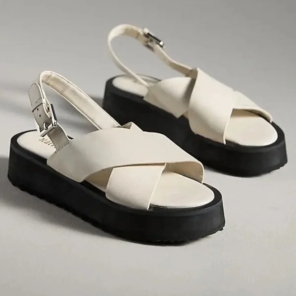 NWT Anthropologie Maeve Chrissy Platform Buckle Sandals‎ Cream Leather Sz 9 $140
